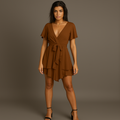 Rimora Cork | Women's Dress Deep V-Neck Long Sleeve Waist Tie Ruffle Mini Swing Skater Dresses